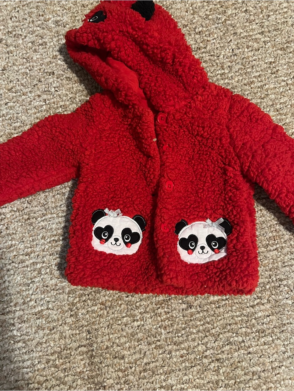 Nannette Red Hooded Sherpa Jacket with Panda Appliques